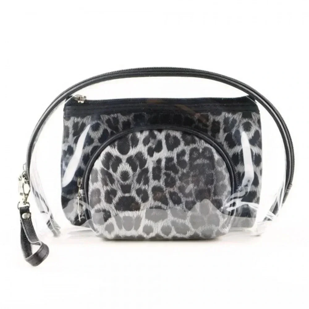 Boutique NWT Leopard print clear 3pc travel pouch set. Animal print makeup